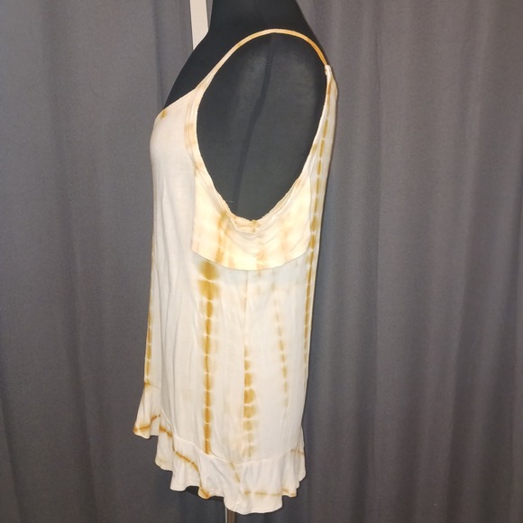 Shop Basic Y2k Boho Mustard Yellow Tie Dye Cold Shoulder Ruffle Top Large - Picture 2 of 6